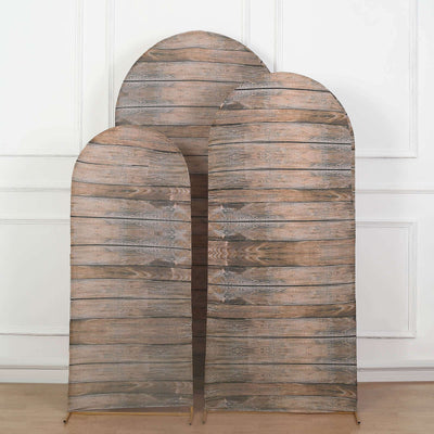 Set of 3 Brown Rustic Wood Plank Pattern Spandex Fitted Wedding Arch Covers For Round Top Chiara Backdrop Stands 5ft, 6ft, 7ft