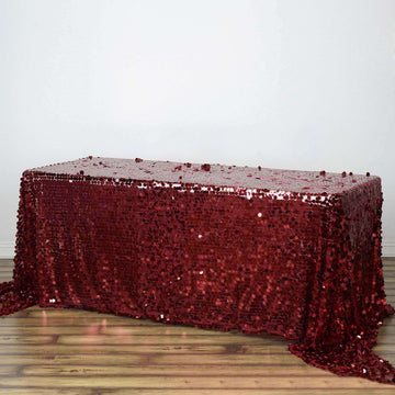 Burgundy Seamless Big Payette Sequin Rectangle Tablecloth Premium 90"x132" for 6 Foot Table With Floor-Length Drop