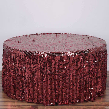 Burgundy Seamless Big Payette Sequin Round Tablecloth Premium Collection 120" for 5 Foot Table With Floor-Length Drop