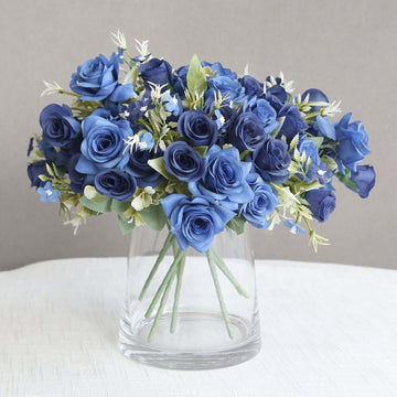 4 Bushes Navy Blue Real Touch Artificial Silk Rose Bridal Bouquet, Faux Flowers 12"