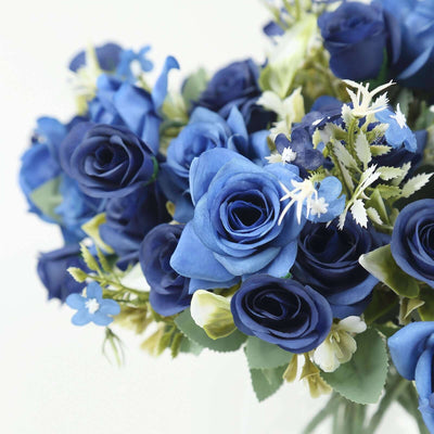 4 Bushes Navy Blue Real Touch Artificial Silk Rose Bridal Bouquet, Faux Flowers 12"
