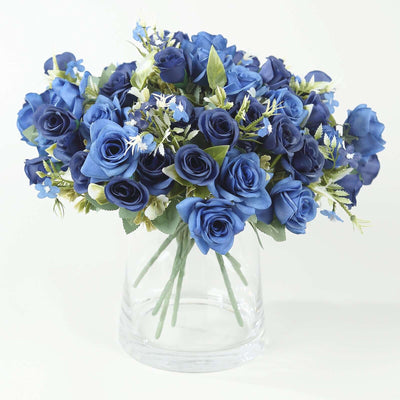 4 Bushes Navy Blue Real Touch Artificial Silk Rose Bridal Bouquet, Faux Flowers 12"
