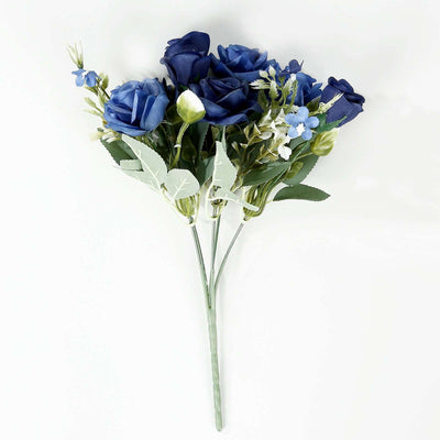 4 Bushes Navy Blue Real Touch Artificial Silk Rose Bridal Bouquet, Faux Flowers 12"