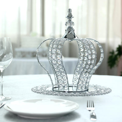Crystal-Bead Royal Crown Cake Topper 14" Metallic Silver - Reusable Cake Centerpiece Decor
