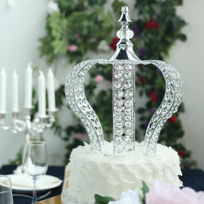 Crystal-Bead Royal Crown Cake Topper 14" Metallic Silver - Reusable Cake Centerpiece Decor