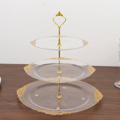 3-Tier Clear Plastic Cupcake Stand Holder with Gold Embossed Baroque Rim, Round Cake Dessert Display Stand Tiered Serving Tray with Top Handle - 13"