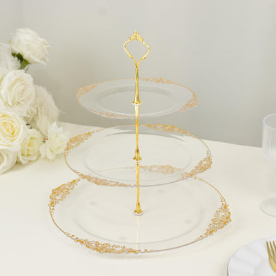 3-Tier Clear Plastic Cupcake Stand Holder with Gold Embossed Baroque Rim, Round Cake Dessert Display Stand Tiered Serving Tray with Top Handle - 13"