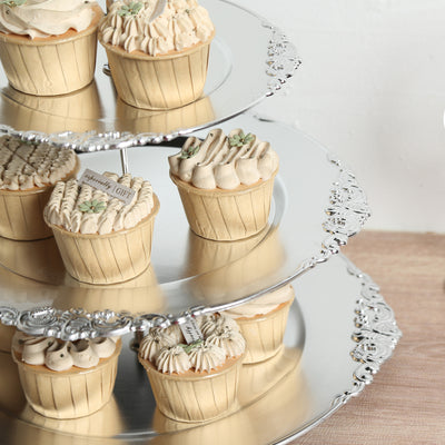 3-Tier Plastic Round Cupcake Stand 13" Metallic Silver with Embossed Baroque Rim & Top Handle - Reusable Dessert Display Holder Serving Tray Platter for Rustic Chic Events