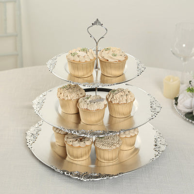 3-Tier Plastic Round Cupcake Stand 13" Metallic Silver with Embossed Baroque Rim & Top Handle - Reusable Dessert Display Holder Serving Tray Platter for Rustic Chic Events