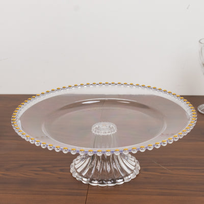 2-Pack Plastic Pedestal Cake Stands – Clear 13" Round Dessert Display Trays with Gold Beaded Rim