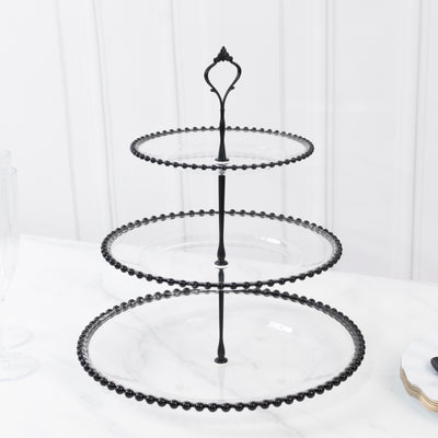 Clear 3-Tier Round Plastic Cupcake Tower Stand with Black Beaded Rim, Dessert Display Tea Party Serving Platter With Top Handle - 14"