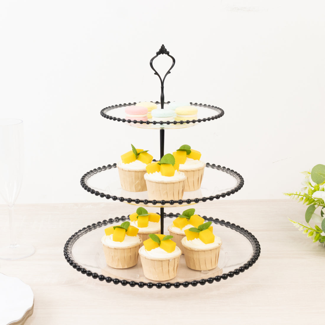 Clear 3-Tier Round Plastic Cupcake Tower Stand with Black Beaded Rim, Dessert Display Tea Party
