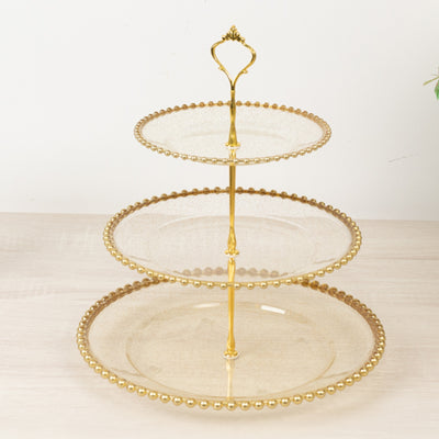 Clear Gold Glittered 3-Tier Round Plastic Cupcake Tower Stand with Gold Beaded Rim, Dessert Display Tea Party Serving Platter With Top Handle - 14"