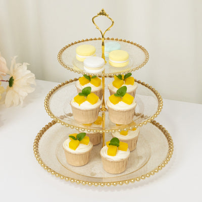 Clear Gold Glittered 3-Tier Round Plastic Cupcake Tower Stand with Gold Beaded Rim, Dessert Display Tea Party Serving Platter With Top Handle - 14"