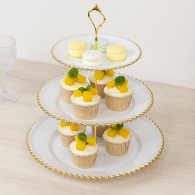 White 3-Tier Round Plastic Cupcake Tower Stand with Gold Beaded Rim, Dessert Display Tea Party Serving Platter With Top Handle - 14"