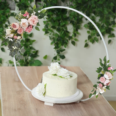 Metal Round Floral Hoop Cake Stand 22" Whitewash with Beaded Wooden Base - Dessert Display Table Centerpiece Stand