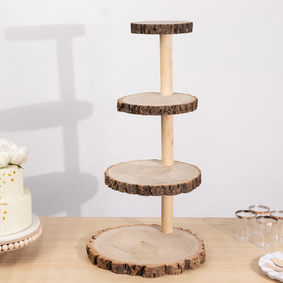 4-Tier Wooden Cupcake Tower Stand 29" Rustic Natural Wood Slice Design - Farmhouse Style Dessert Display