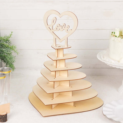 7-Tier Wooden Chocolate Display Stand 16" Heart Shape Natural with "Love" Topper - DIY Dessert Table Tower Rack