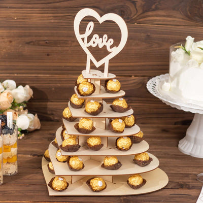 7-Tier Wooden Chocolate Display Stand 16" Heart Shape Natural with "Love" Topper - DIY Dessert Table Tower Rack