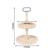 2-Tier Natural Beaded Wooden Serving Tray Stand With Metal Handle