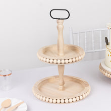 2-Tier Natural Beaded Wooden Serving Tray Stand With Metal Handle