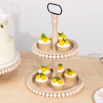 2-Tier Wooden Serving Tray Stand 17" Beaded Design with Metal Handle Natural - Round Rustic Farmhouse Cupcake Display