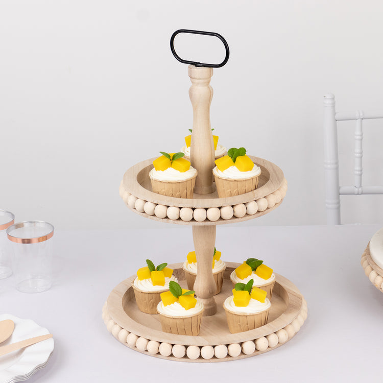 2-Tier Natural Beaded Wooden Serving Tray Stand With Metal Handle