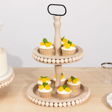 2-Tier Natural Beaded Wooden Serving Tray Stand With Metal Handle