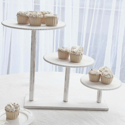 3-Tier Wooden Cake Stand 24"x16" Whitewash with Round Beaded Rim Trays - Rustic Cupcake Tower Dessert Display