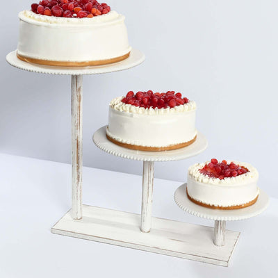 3-Tier Wooden Cake Stand 24"x16" Whitewash with Round Beaded Rim Trays - Rustic Cupcake Tower Dessert Display