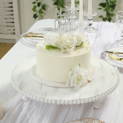 Wooden Pedestal Cake Stand 16" – Antique White Beaded Riser, Rustic Wood Slice or Cupcake Display