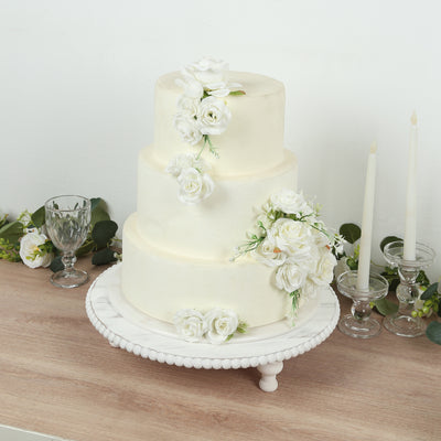 Wooden Pedestal Cake Stand 16" – Antique White Beaded Riser, Rustic Wood Slice or Cupcake Display