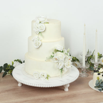 Wooden Pedestal Cake Stand 18" – Antique White Beaded Riser, Rustic Wood Slice or Cupcake Display