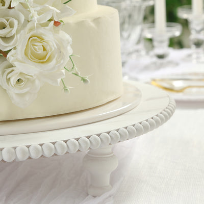 Wooden Pedestal Cake Stand 18" – Antique White Beaded Riser, Rustic Wood Slice or Cupcake Display