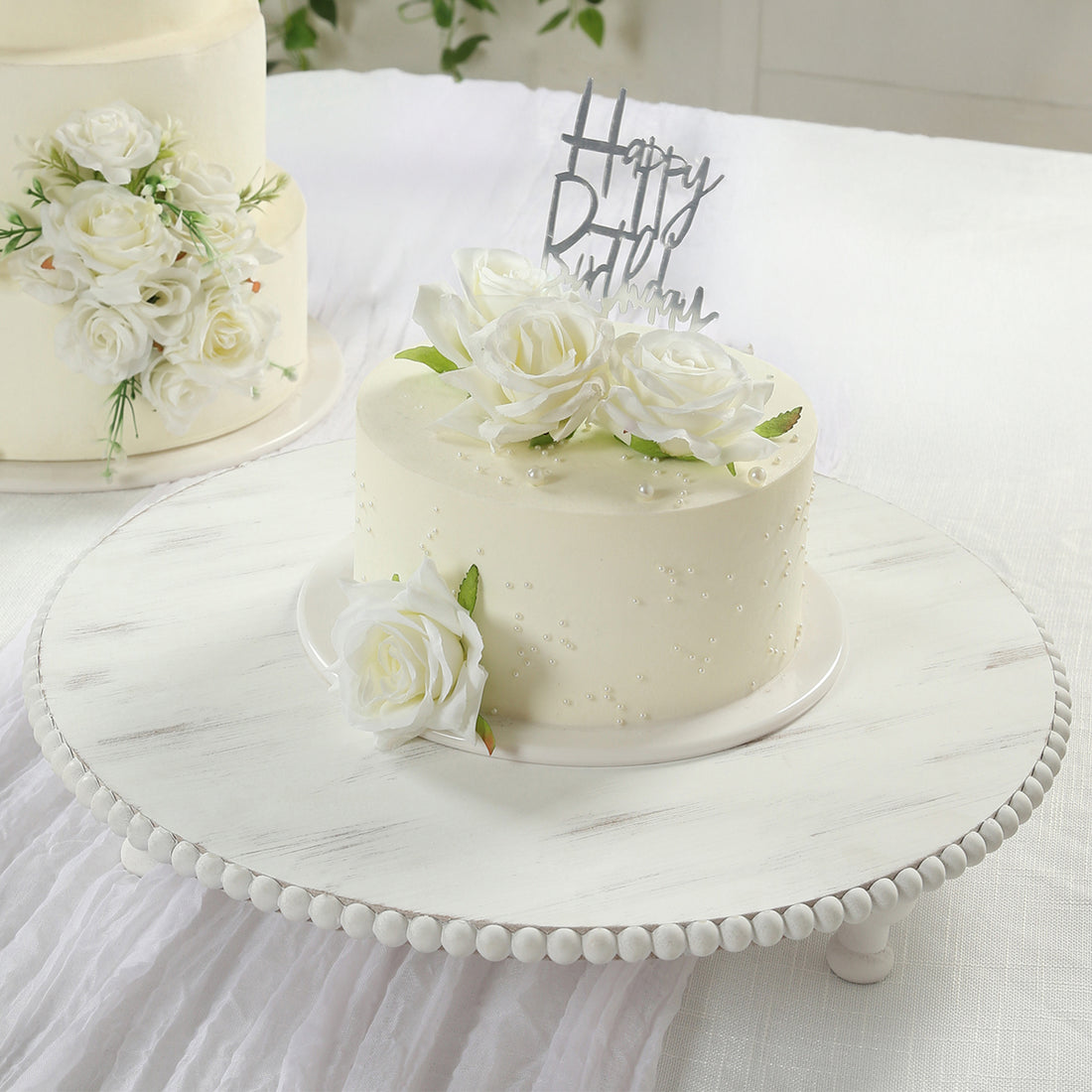 Wooden Pedestal Cake Stand 18\" – Antique White Beaded Riser, Rustic Wood Slice or Cupcake Display