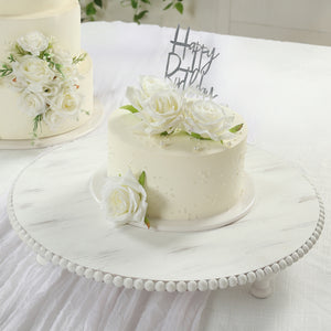 Wooden Pedestal Cake Stand 18" – Antique White Beaded Riser, Rustic Wood Slice or Cupcake Display