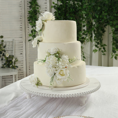 Wooden Pedestal Cake Stand 18" – Antique White Beaded Riser, Rustic Wood Slice or Cupcake Display