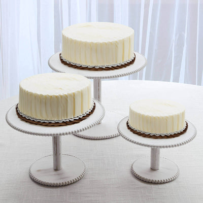Set of 3 Wooden Pedestal Cake Stands 8", 10", 12" Whitewash with Round Beaded Rim Trays - Stackable Rustic Cupcake Display