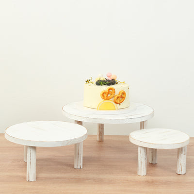 Set of 3 Wooden Pedestal Cake Stands 7", 9.5", 12" Whitewash with Removable Legs - Stackable Round Rustic Plant Risers