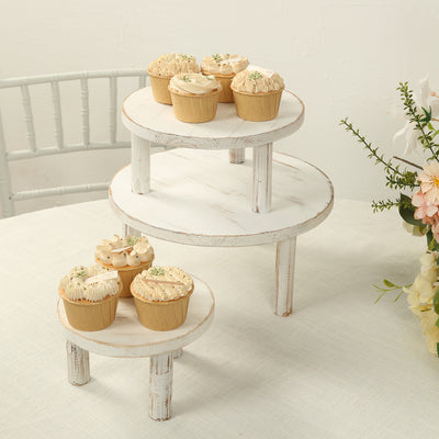 Set of 3 Wooden Pedestal Cake Stands 7", 9.5", 12" Whitewash with Removable Legs - Stackable Round Rustic Plant Risers