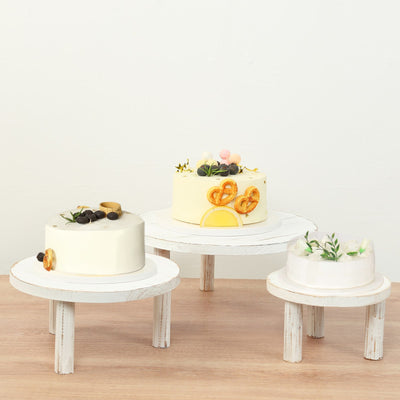 Set of 3 Wooden Pedestal Cake Stands 7", 9.5", 12" Whitewash with Removable Legs - Stackable Round Rustic Plant Risers