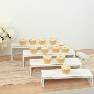 Set of 4 Wooden Display Risers 14", 16", 17", 19" Whitewash Rectangular Bench Style - Stackable Rustic Farmhouse Nesting Stands