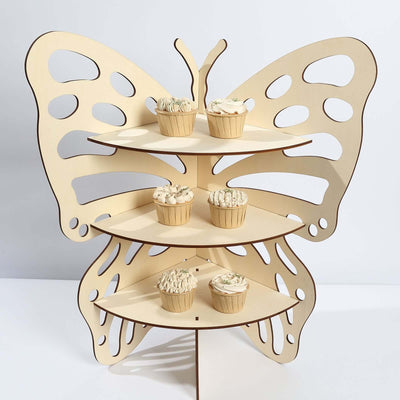 3-Tier Wooden Cupcake Stand 24" Butterfly Design Natural - Rustic Dessert Display Shelf Rack