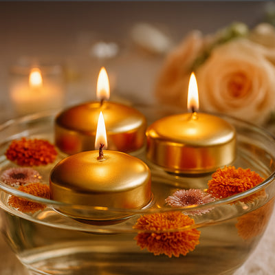 12 Pack Metallic Gold Floating Candles 2" – Unscented Dripless Long Burn Disc Wax Candles for Centerpieces & Vases