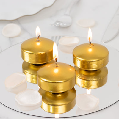 12 Pack Metallic Gold Floating Candles 2" – Unscented Dripless Long Burn Disc Wax Candles for Centerpieces & Vases
