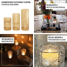 Set of 3 Clear Glass Taper Candle Holders with Gemstone Pattern