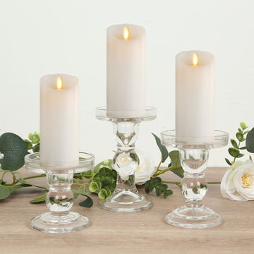 Set of 3 Clear Premium Glass Pillar Candle Holders with Round Candle Tray, Crystal Ball Stem Taper Candlestick Stands Tea Light Holders with Stable Base - 3.5",4.5",5.5"