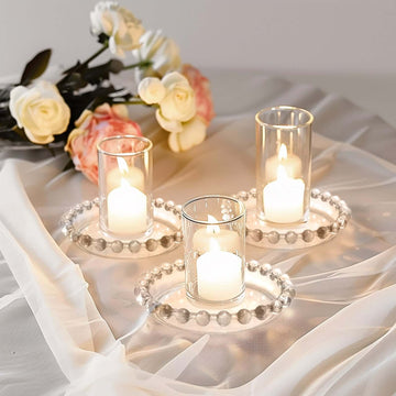 <h3 style="margin-left:0px;"><strong>Elegant Beaded Rim Clear Glass Pillar Candle Holder Plates</strong>