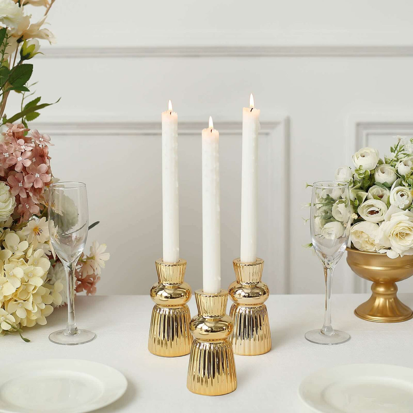 3-Pack Gold Fluted Ball Neck Ceramic Taper Candle Holders | eFavormart.com