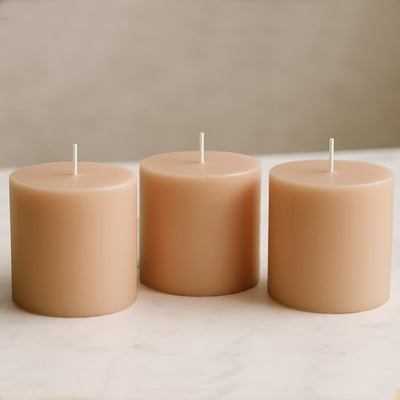 6-Pack Unscented Pillar Candles – Dripless 3"x3" Beige Paraffin Wax with Smokeless Cotton Wicks, Clean & Long-Lasting 30-Hour Burn